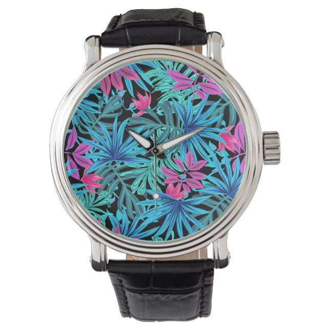 Montre Neon rose et bleu Plante Tropical Motif Watch (devant)