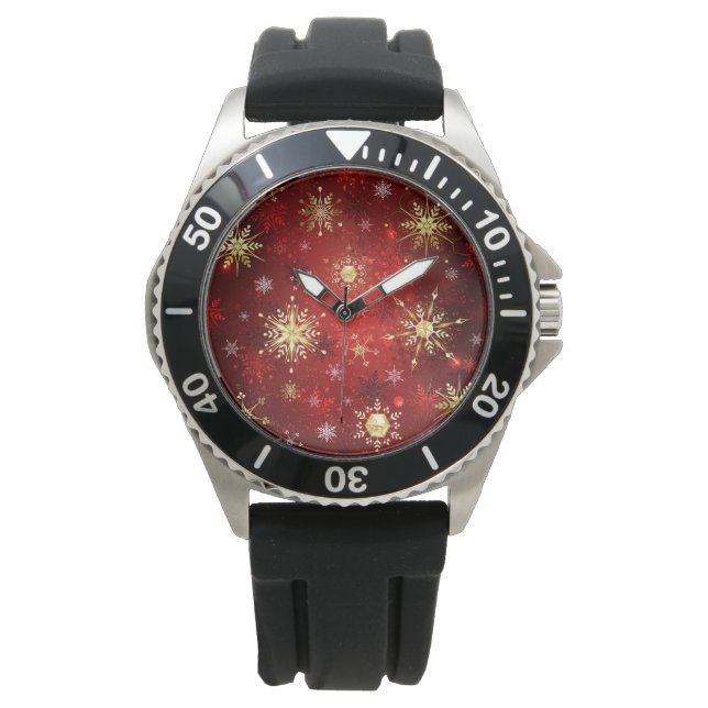 Montre Noël Golden Snowflakes sur Arrière - plan rouge (devant)