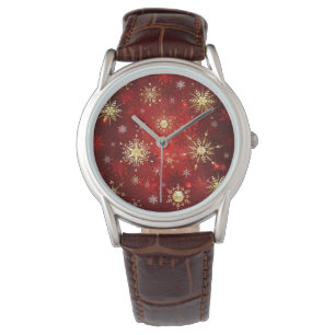 Montre Noël Golden Snowflakes sur Arrière - plan rouge