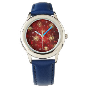Montre Noël Golden Snowflakes sur Arrière - plan rouge