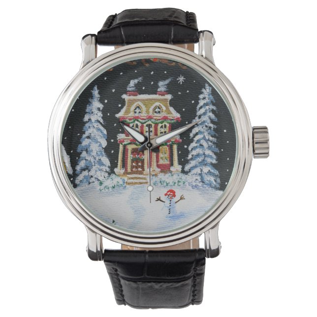 Montre Noël, hiver, montre, neige, maison, neige, étoiles (devant)