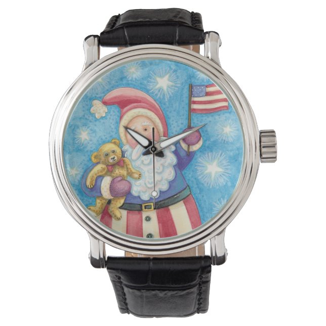 Montre Noël mignon, Père Noël patriotique avec drapeau (devant)