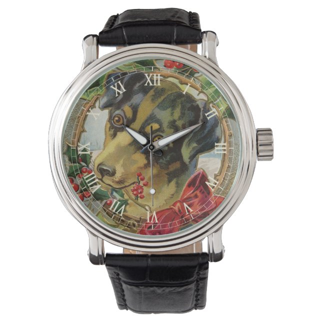Montre Noël vintage, chiot teckel avec houx (devant)