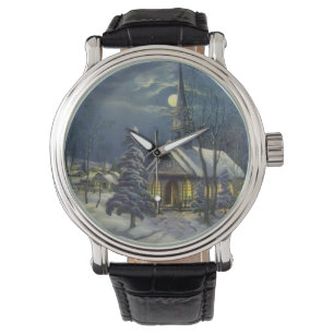 Montre Noël Vintage, Église d'hiver en Neige avec Lune