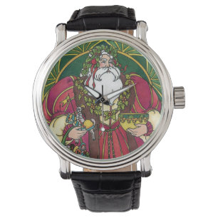 Montre Noël vintage, Père Noël avec feuilles de houx