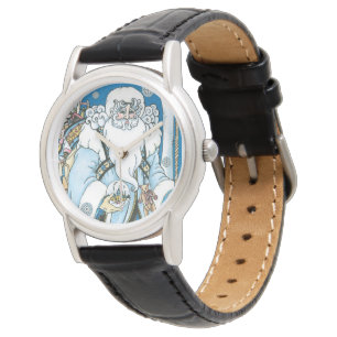 Montre Noël vintage, Père Noël bleu avec boule à neige