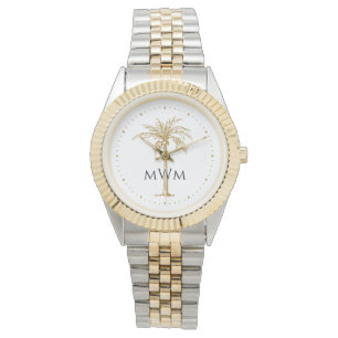 Montre Noir Arbre Tropical À Palmes Dorées Monogramme Art