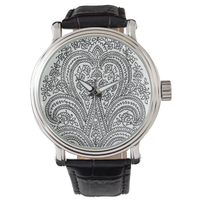 Montre Noir + Blanc - Fleur + Motif Paisley - Regarder (devant)