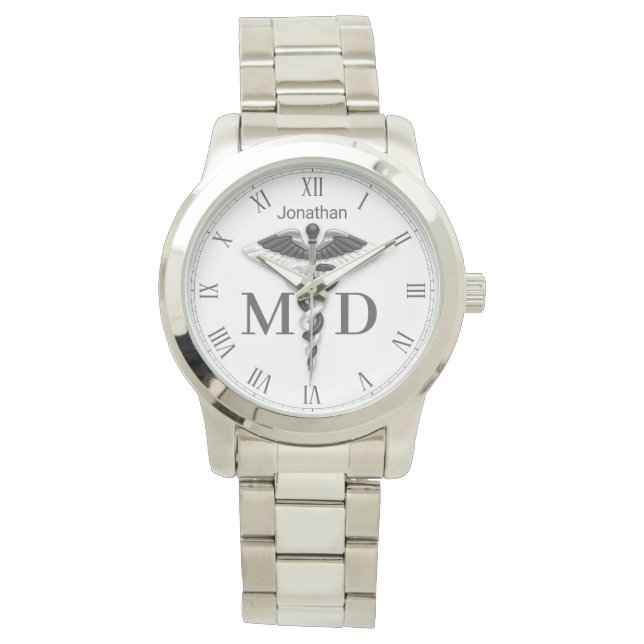 Montre Noir Blanc Nom Caducée Médecin Médicale MD Watch (devant)