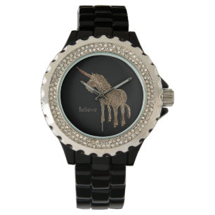 Montre Noir de licorne de cheval magique et regard