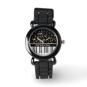 Montre Noir et or de notes musicales et de clés de piano
