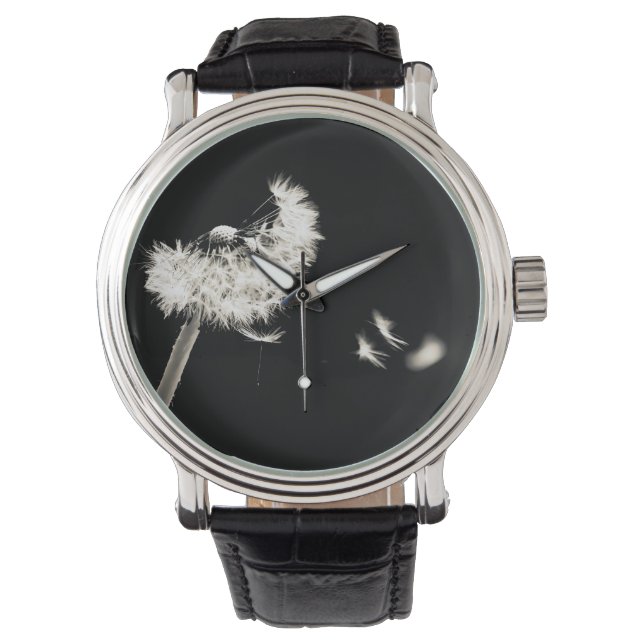Montre noire pissenlit noir et blanc (devant)