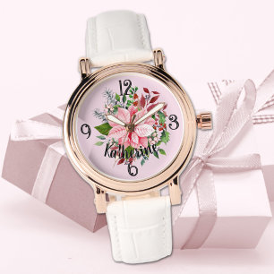 Montre Nom, Bouquet d'Euphorbe Rose Cuir Blanc Femme