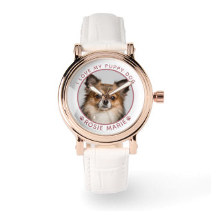 Montre Nom de chien mignon avec empreintes de pattes rose