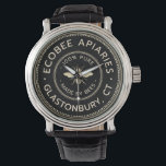 Montre Nom de l'abeille noire promotionnelle de l'apicult<br><div class="desc">Marquez votre commerce apicole avec cette montre promotionnelle en noir et or avec bande en cuir vintage. Le design comprend une abeille française vintage et une bordure pointillée d'ivoire et d'or. Idéal pour la commercialisation de votre nom apicaire sur les marchés fermiers, événements éducatifs, salons apicoles et séminaires. Coordonner les...</div>