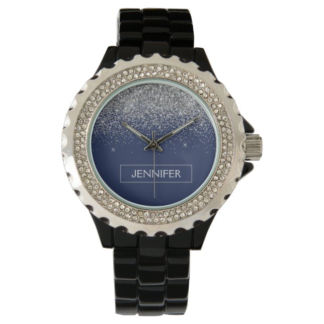 Montre Nom de monogramme girly pailleté bleu marine argen (devant)