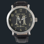 Montre Nom de monogramme personnalisé Meilleur Mariage de<br><div class="desc">Cette montre unique est conçue comme un cadeau pour votre Best Man. Caractéristiques du monogramme / initial; prénom et date du mariage. Il y a même une couche unique du monogramme — regardez attentivement et vous verrez trois couleurs, ce qui lui donne une sensation de profondeur. Un moyen spécial de...</div>