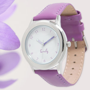 Montre Nom d'enfant personnalisé Acier Cuir pourpre Fille