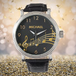 Montre Nom des notes de musique en or noir<br><div class="desc">Simple et élégant pour un mélomane ou un musicien ! Arrière - plan noir avec des notes de musique faux or. Modèle pour ton nom,  lettres d'or. Numéros d'horloge dorés.</div>