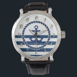 Montre Nom du bateau nautique, Ancre Marine Bleu rayé<br><div class="desc">Ancre sur l'arrière - plan bleu marine. Personnalisez le nom pour vous-même ou comme une idée cadeau mignonne.</div>