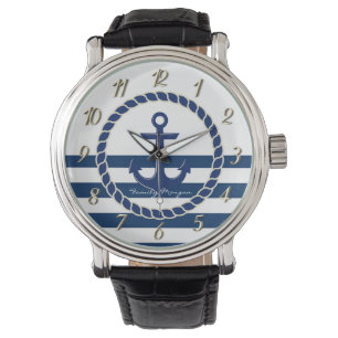 Montre Nom du bateau nautique, Ancre Marine Bleu rayé