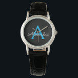 Montre Nom du monogramme de la fille en noir bleu<br><div class="desc">Monogramme simple noir et bleu Monogramme Nom Monographie. Cela fait le cadeau parfait de remise de diplômes,  anniversaire,  mariage,  douche nuptiale,  anniversaire,  baby shower ou bachelorette pour quelqu'un qui aime le luxe glam et les styles chic.</div>