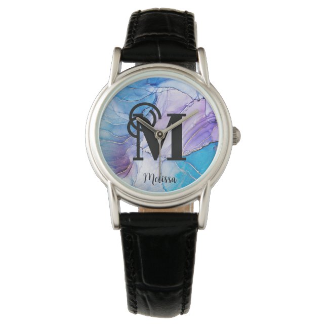 Montre Nom du monogramme moderne Elegant Bleu et Violet (devant)