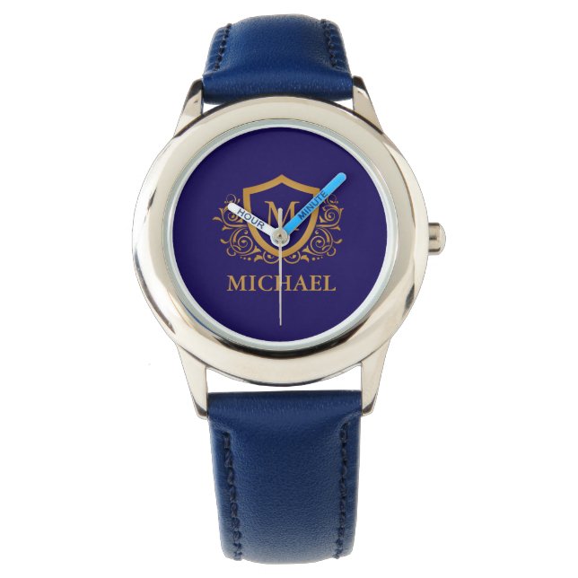 Montre Nom du monogramme personnalisé bleu et or de la ma (devant)
