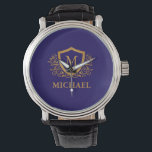 Montre Nom du monogramme personnalisé bleu et or de la ma<br><div class="desc">Nom de monogramme élégant personnalisé bleu marine et or. Pour plus de personnalisation,  cliquez sur le bouton "Customiser" et utilisez notre outil de conception pour modifier ce modèle.</div>