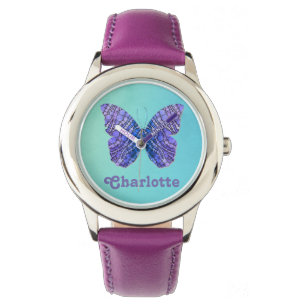 Montre Nom du papillon bleu et violet Monogramme