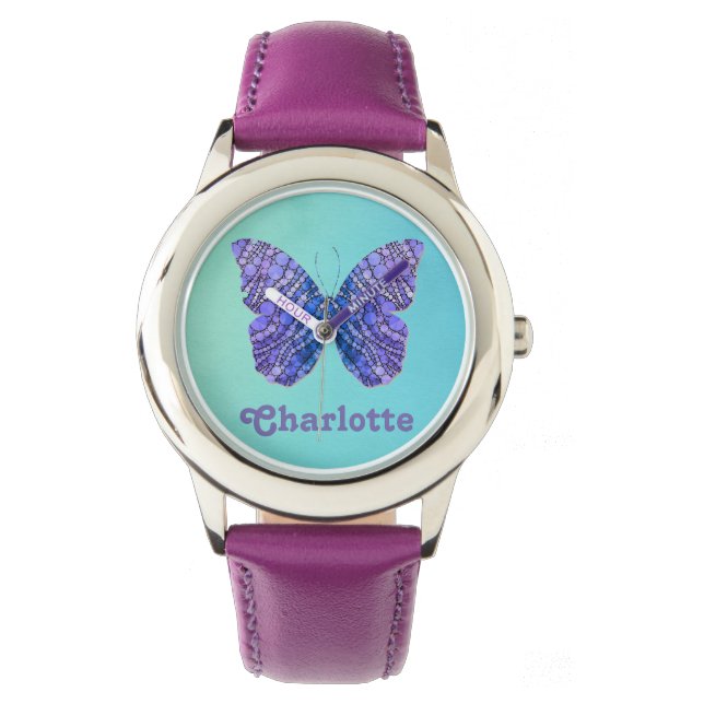 Montre Nom du papillon bleu et violet Monogramme (devant)