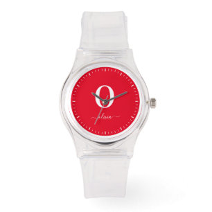 Montre Nom du script Monogramme Personnalisé Rouge Et Bla