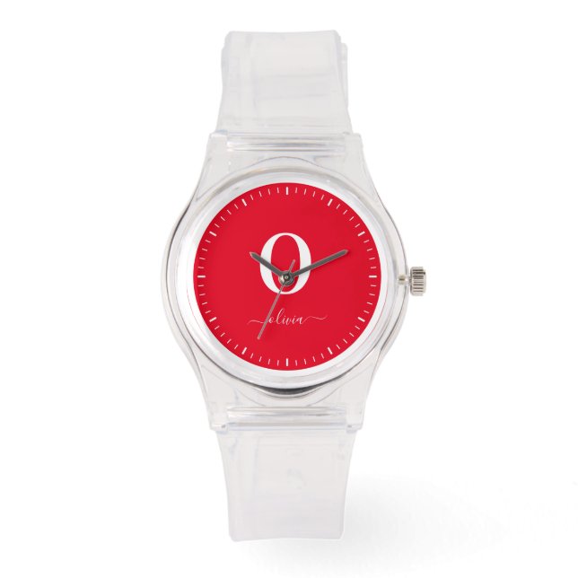 Montre Nom du script Monogramme Personnalisé Rouge Et Bla (Recto)