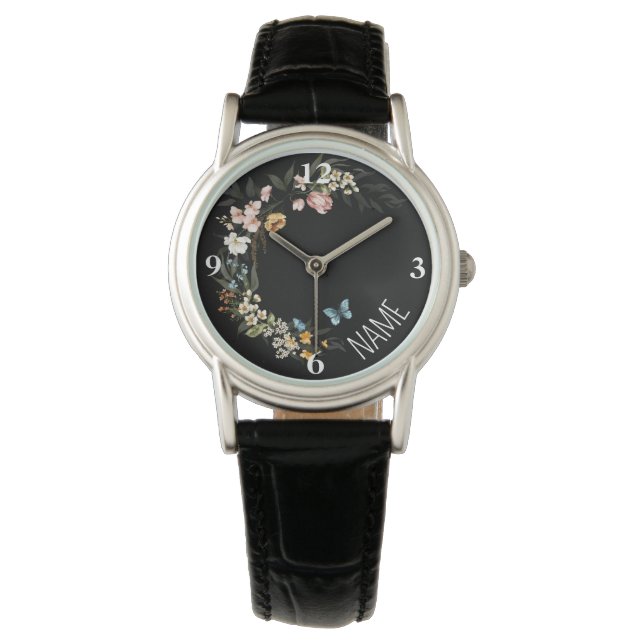 Montre Nom, Élégante Florales Néerlandaises Noir Cuir Fem (devant)