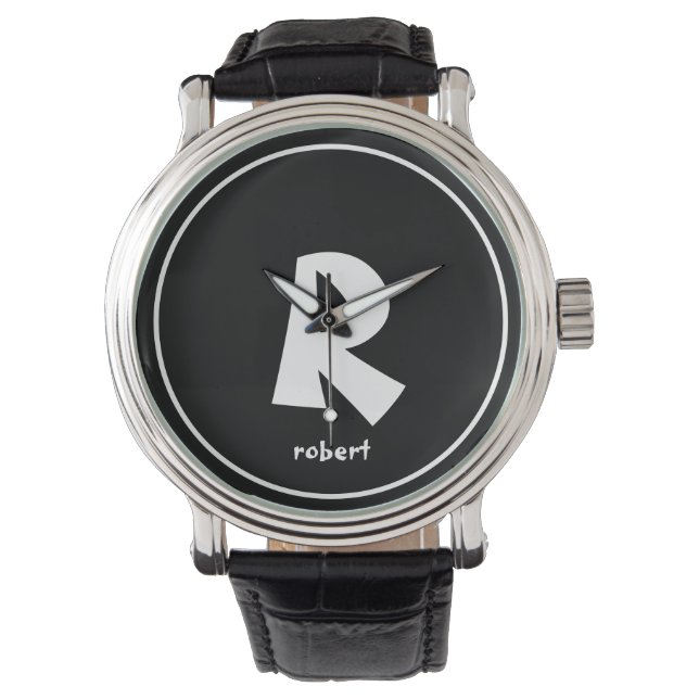 Montre Nom initial de monogame noir et blanc personnalisé (devant)