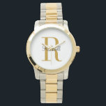 Montre Nom initial du monogramme Or personnalisé<br><div class="desc">Montre personnalisée personnalisée avec votre nom et monogramme unique. Cliquez sur Customiser pour modifier les polices et les couleurs ou ajouter votre propre texte et images pour créer un cadeau unique. Facile à customiser. Le golf dans son style. Commandez aujourd'hui !</div>