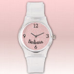 Montre Nom, Parties scintillant rose Fille Bracelet en si<br><div class="desc">Une montre sportive avec bracelet en silicone transparent durable et face en faux parties scintillant rose pâle. Le nom est une police de script noir en gras. Modifiez facilement le nom, remplacez par des initiales monographiques ou retirez-le pour le rendre vôtre en utilisant le Modèle fourni. Choisissez parmi d'autres styles...</div>