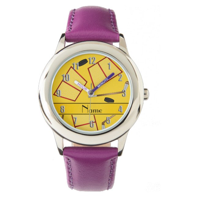 Montre Nom personnalisé bâtons de hockey jaune filets (devant)