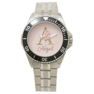 Montre Nom personnalisé Blush Rose Fleur Lettre A en feui