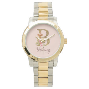 Montre Nom personnalisé Blush Roses Rose lettre B en feui