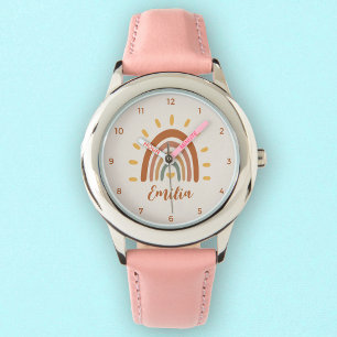 Montre Nom personnalisé Boho Earth Tone Rainbow Sun