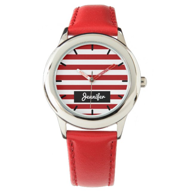 Montre Nom personnalisé Bourgogne Rouge Solid Stripes Fil (devant)