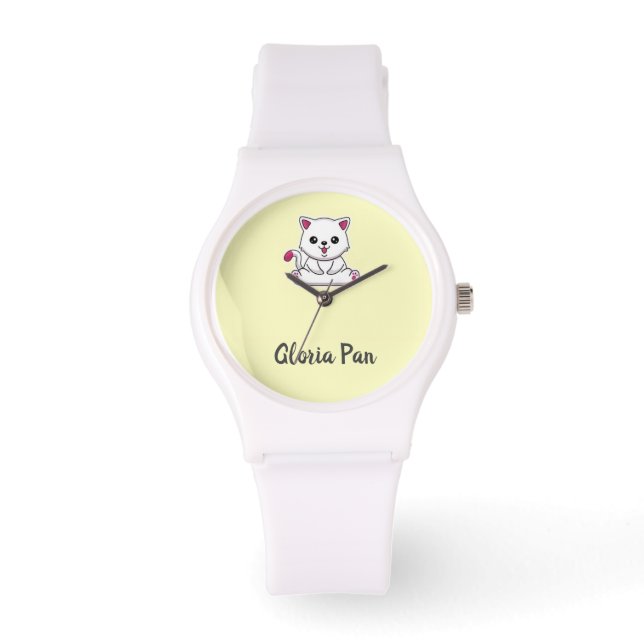 Montre Nom personnalisé chat blanc mignon sur jaune (Recto)