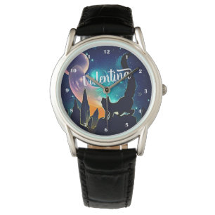 Montre Nom personnalisé Cute Cat et Galaxy Stars & Mounta