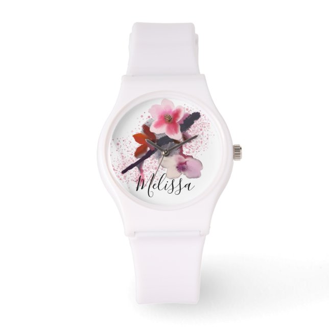 Montre Nom personnalisé | Élégante Fleur de cerisier rose (Recto)