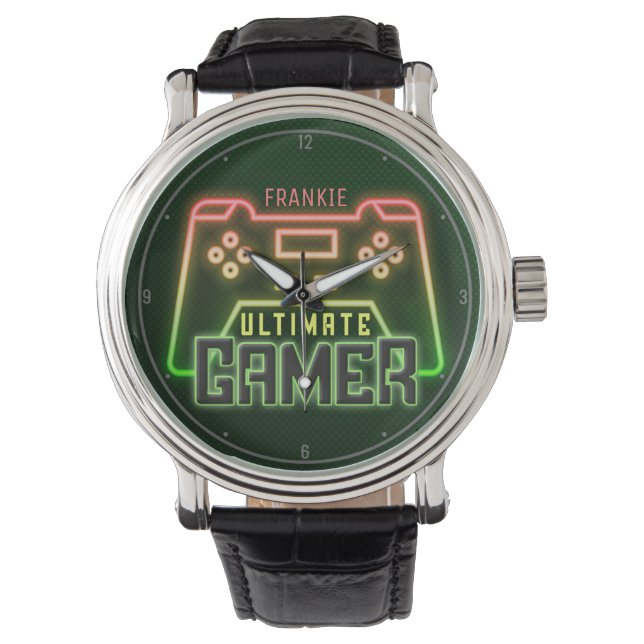 Montre NOM Personnalisé Gamer Faux Neon Jeu Vidéo Retro (devant)
