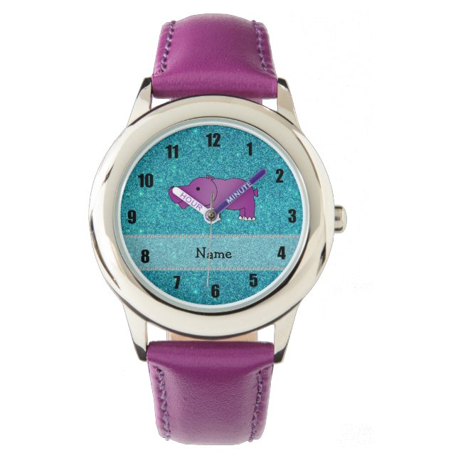 Montre Nom personnalisé hippo turquoise parties scintilla (devant)