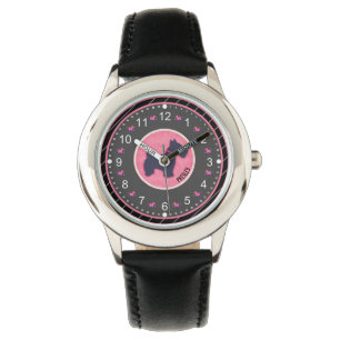 Montre Nom personnalisé mignon chien rose noir