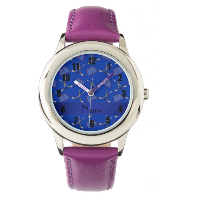 Montre Nom personnalisé motif de hockey bleu (devant)