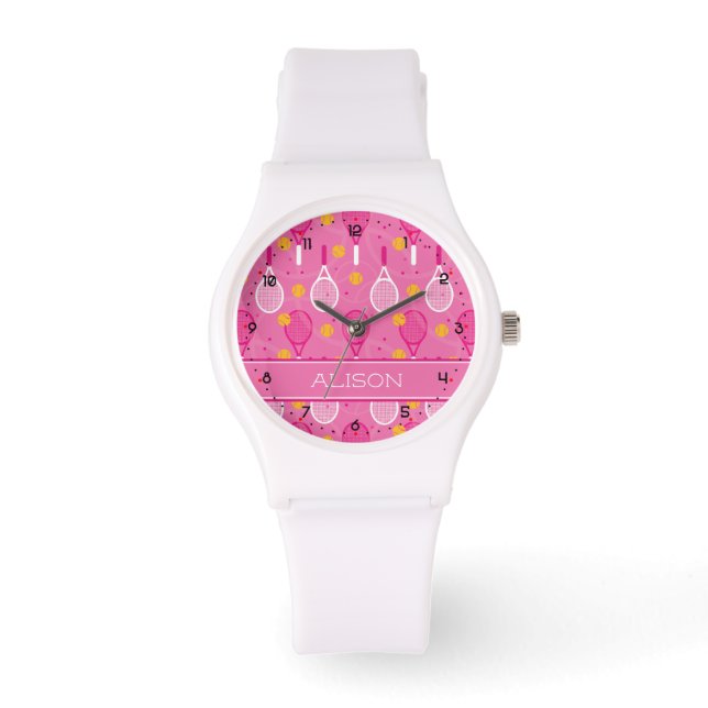 Montre Nom personnalisé motif de raquette de tennis rose  (Recto)